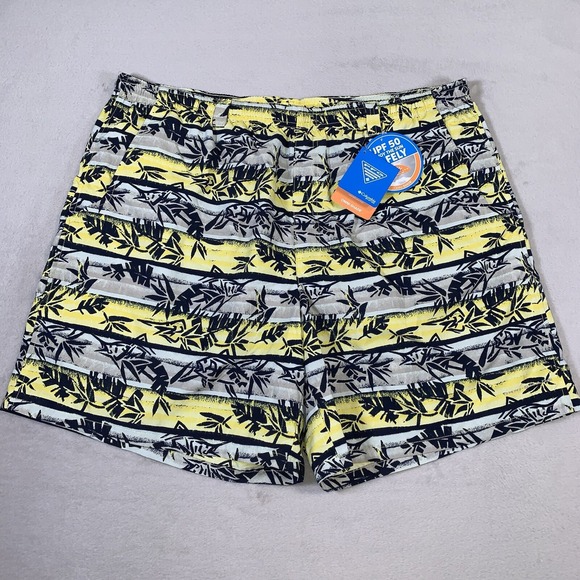 Columbia PFG Swim Trunks Mens 2XL Yellow Fish Print Mesh‎ Lined Omni Shade NEW - Picture 1 of 12